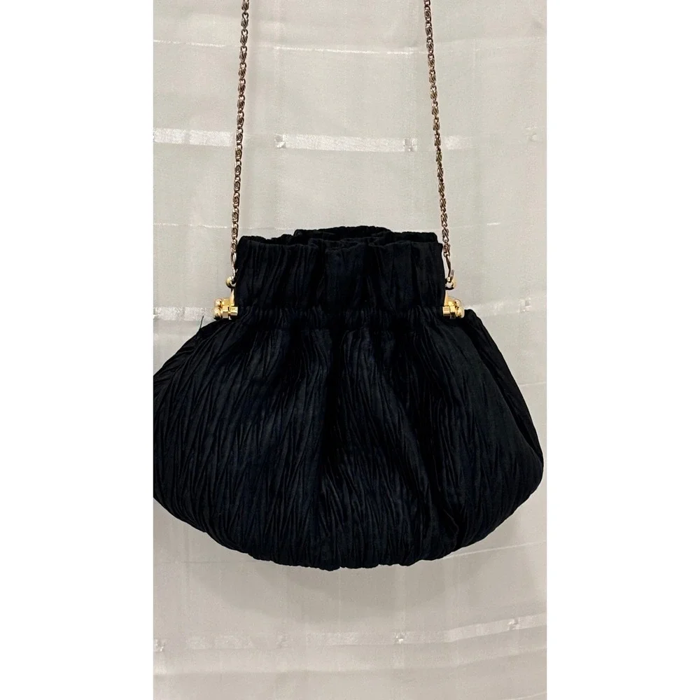 Vintage Vanessa Paris Black Pleated Evening Bag Gold Chain Kiss Lock Pouch Purse